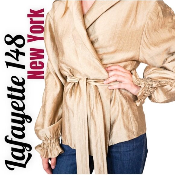 LAFAYETTE 148 NEW YORK Soft Metallic Gold Ruched Sleeve Evening Jacket, Petite